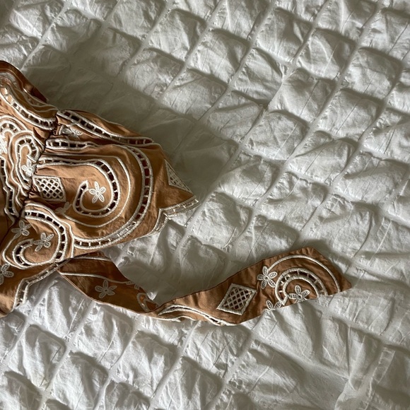 Tan Peplum Wrap Blouse with Cap Sleeves - Picture 5 of 9